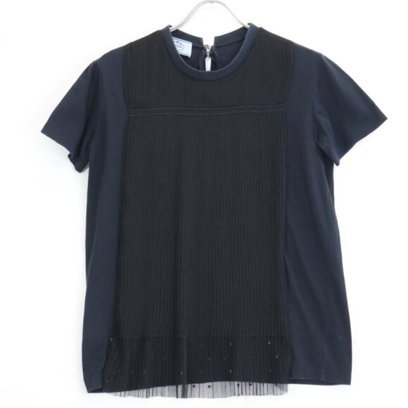Prada Navy Black Shear Pleats Contrast Short Sleeve Cut Saw Hat